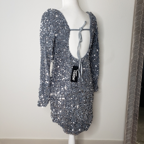 LONG SLEEVE OPEN BACK DRESS SEQUIN GREY/SILVER - Picture 8 of 11